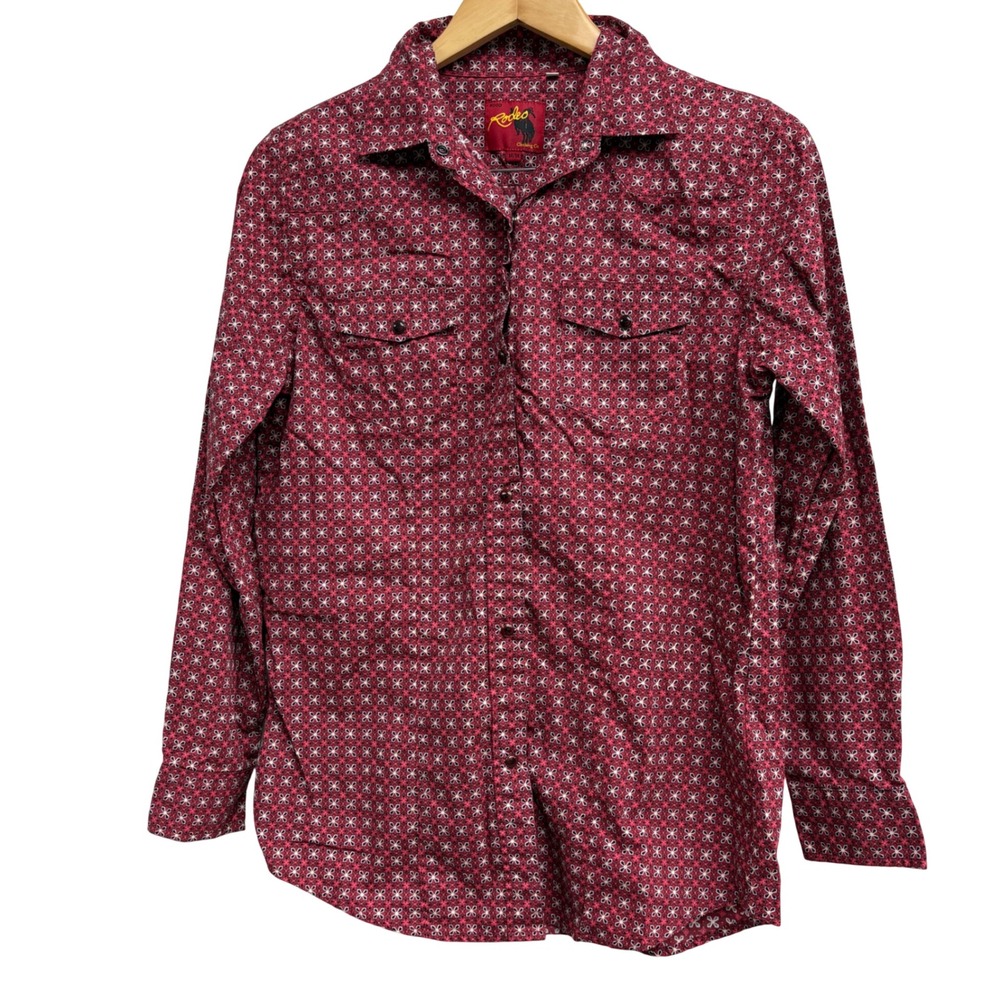 Rodeo Clothing Co Mens Red Geometric print Cotton Western Shirt Medium snaps